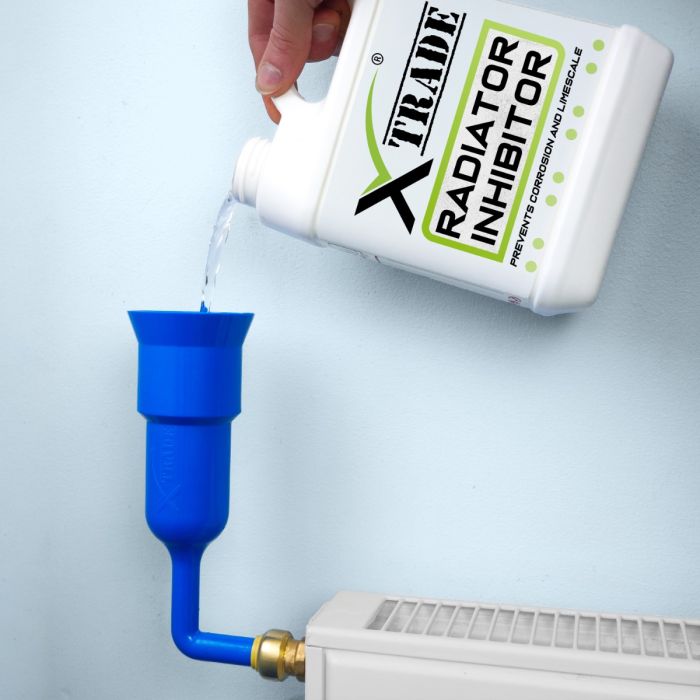 X-Trade Radiator Dosing Tool with Brass Key – Central Heating Inhibitor & Chemical Filler, Easy Gravity-Fed Radiator Filling, Universal ½" BSP Compatibility, Blue